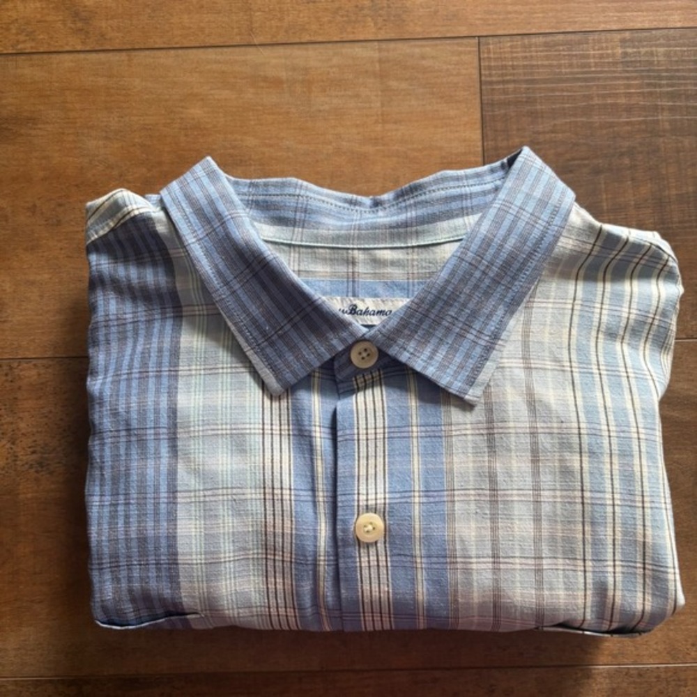 Tommy Bahama 100% Silk Blue Plaid Short Sleeve Button Down Shirt Men's Size XXL